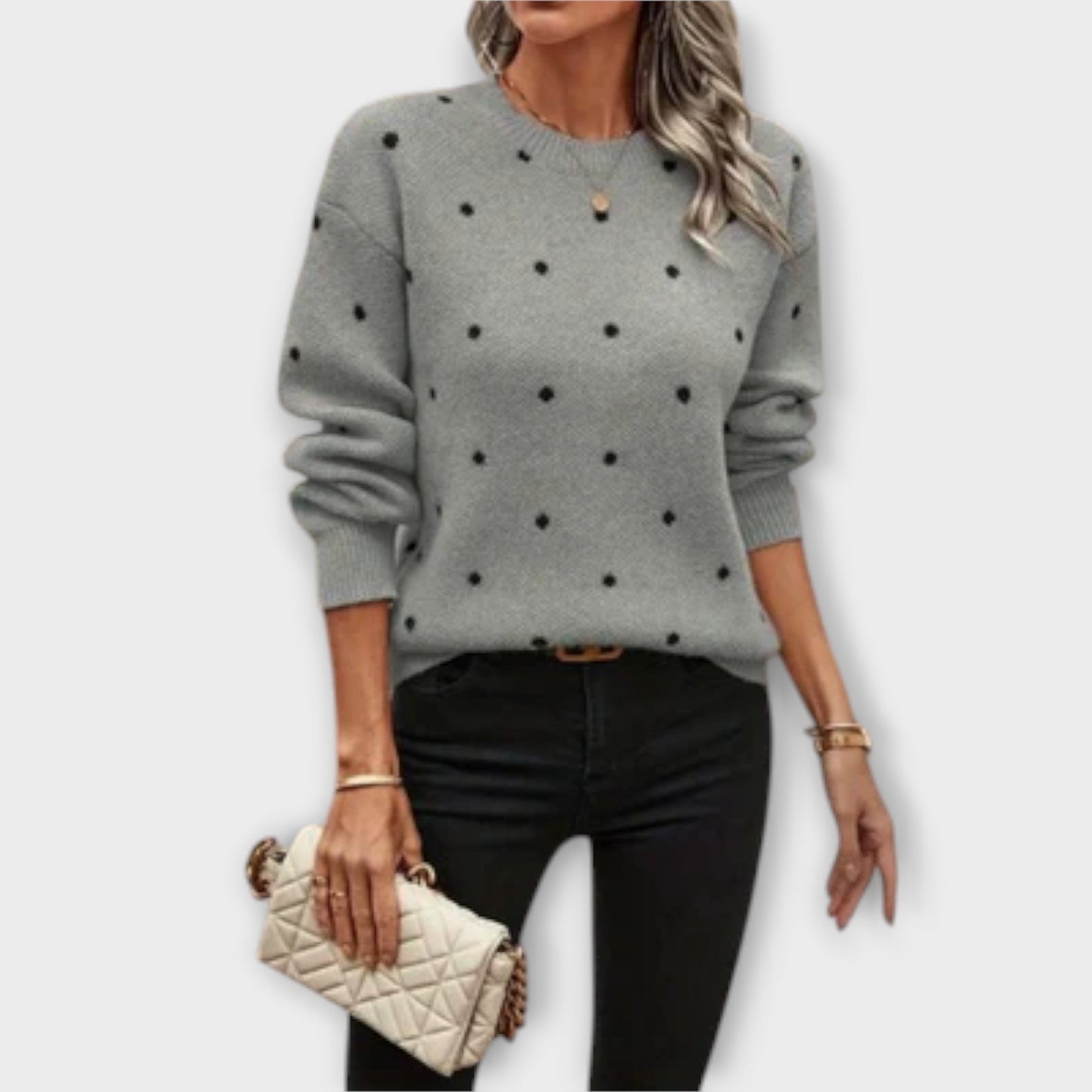 Ava – Polka Dot Patterned Casual Long Sleeve Knit Sweater