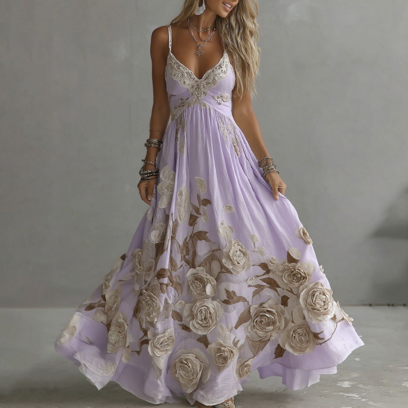 Adeluna - Maxi Dress With Vintage Rose And Embroidery