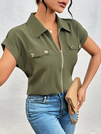 Alfano - Elegant Short Sleeve Blouse With Zipper