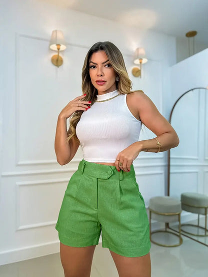 Annora - Casual High Waist Shorts With Button