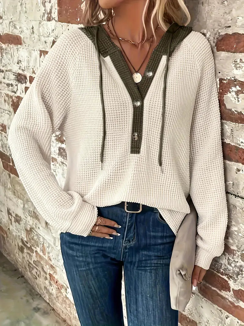 Snezhana - Long Sleeve Button Front Drawstring Hoodie