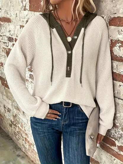 Snezhana - Long Sleeve Button Front Drawstring Hoodie