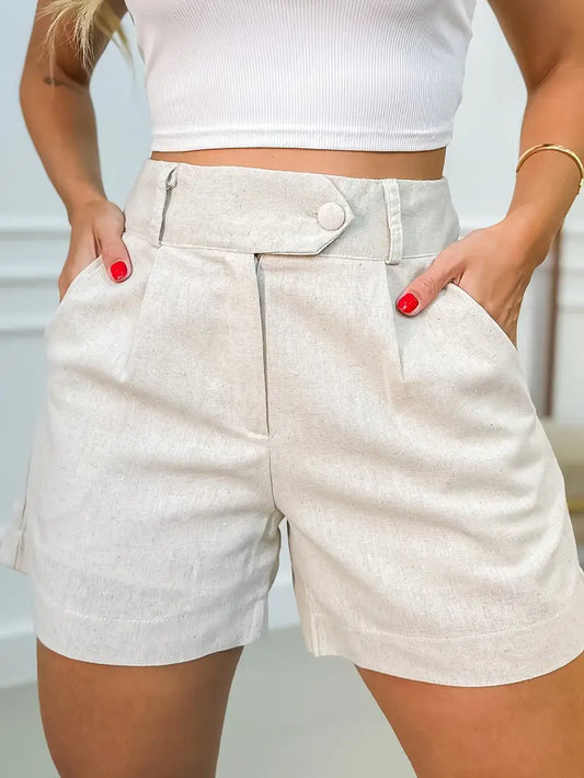 Annora - Casual High Waist Shorts With Button