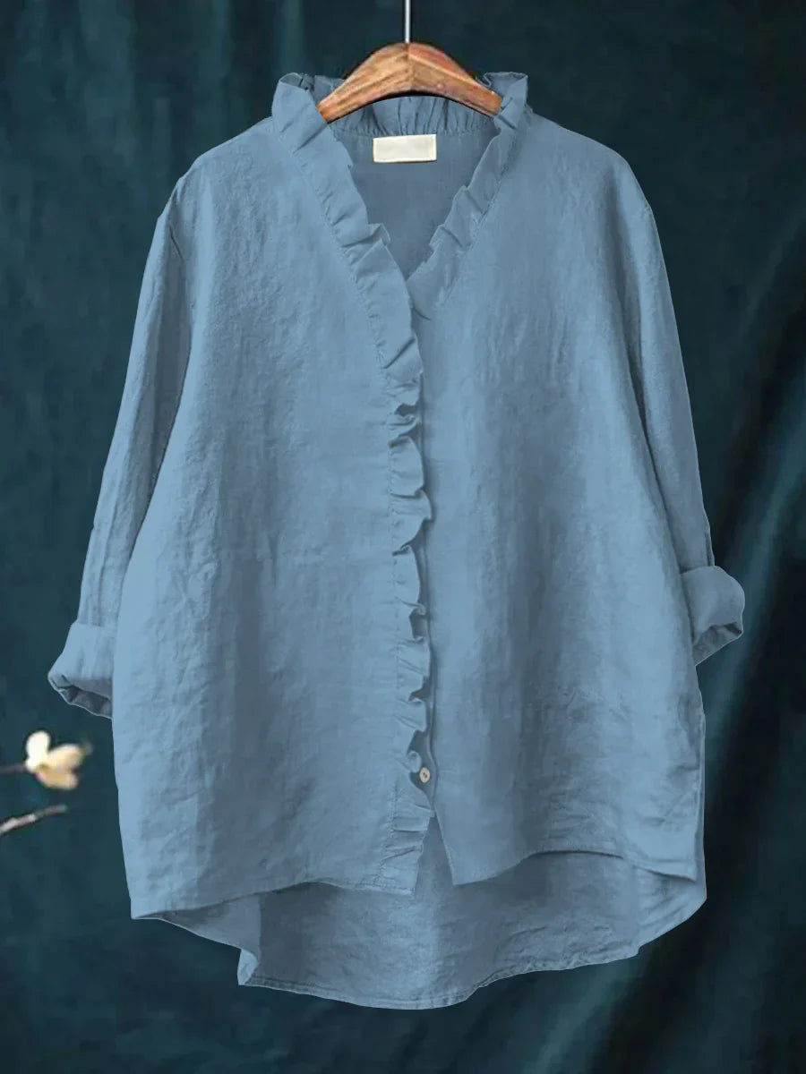Sanela - Casual Cotton And Linen Ruffle Shirt