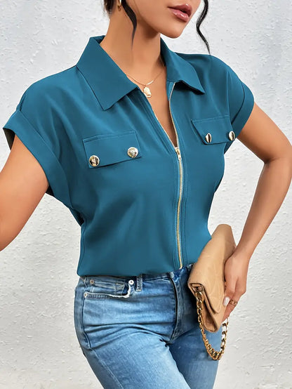 Alfano - Elegant Short Sleeve Blouse With Zipper