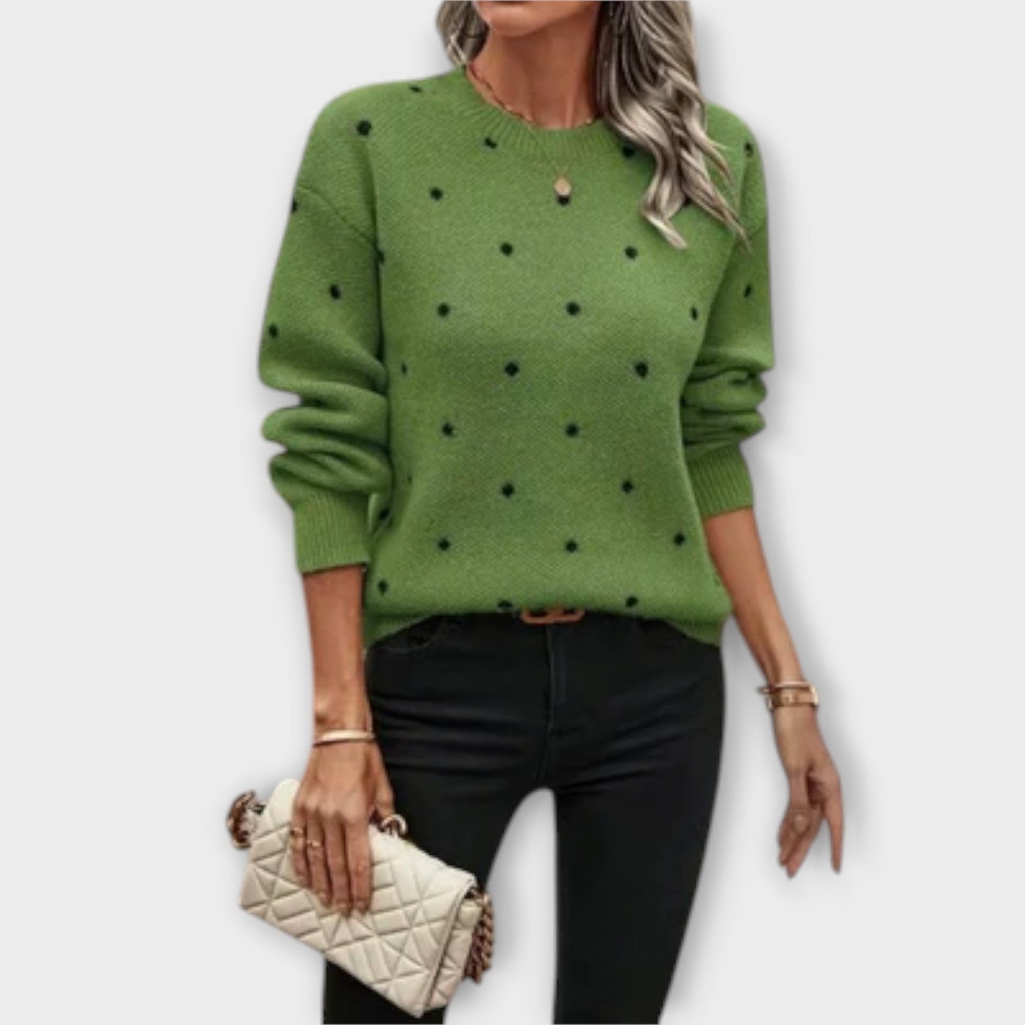 Ava – Polka Dot Patterned Casual Long Sleeve Knit Sweater