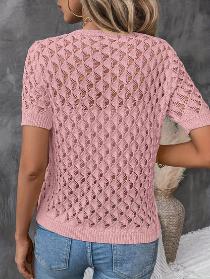 Angelique - Elegant V-Neck Lace Short Sleeve Pullover