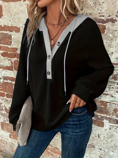 Snezhana - Long Sleeve Button Front Drawstring Hoodie