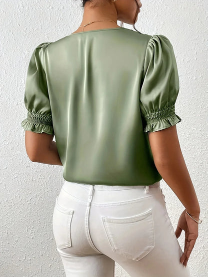 Abella - Elegant V-neck And Puff Sleeve Blouse
