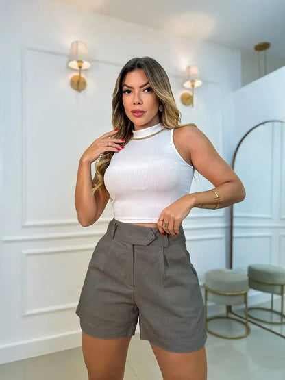 Annora - Casual High Waist Shorts With Button