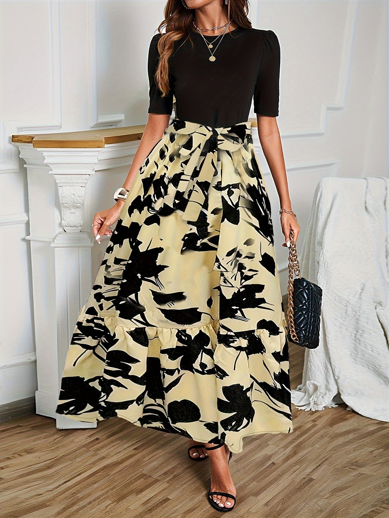 Nuray - Elegant Floral Short Sleeve Dress