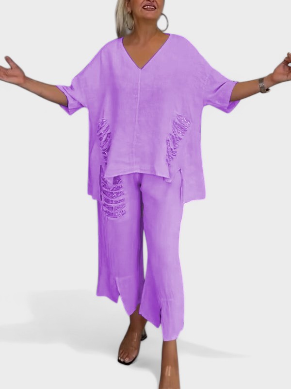 Raisa - V-Neck Two Piece Set For Summer