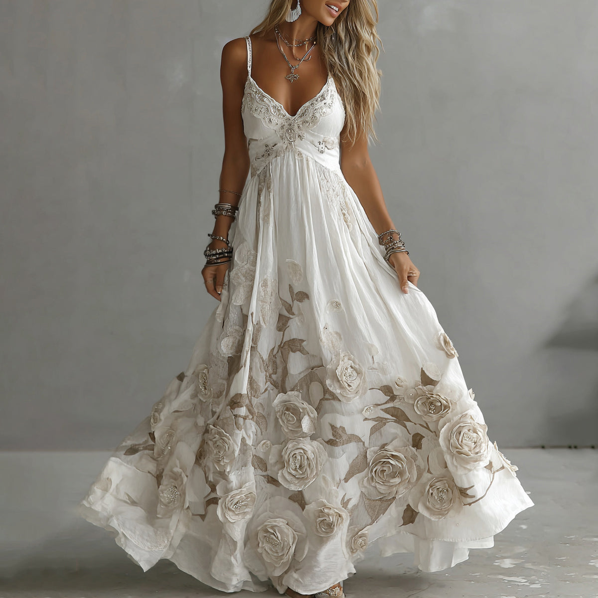 Adeluna - Maxi Dress With Vintage Rose And Embroidery