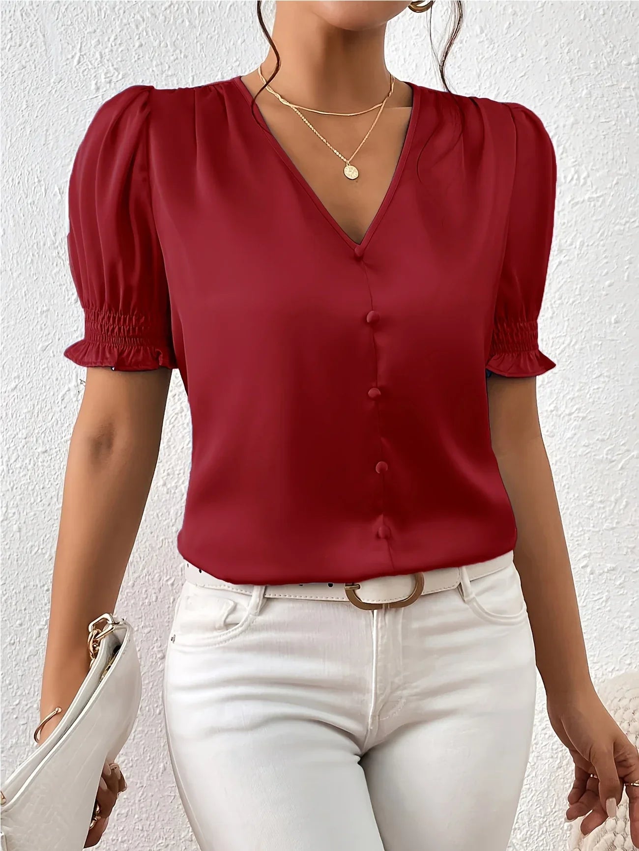 Abella - Elegant V-neck And Puff Sleeve Blouse