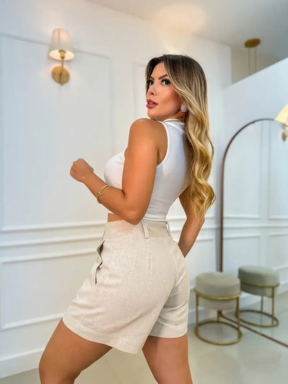 Annora - Casual High Waist Shorts With Button