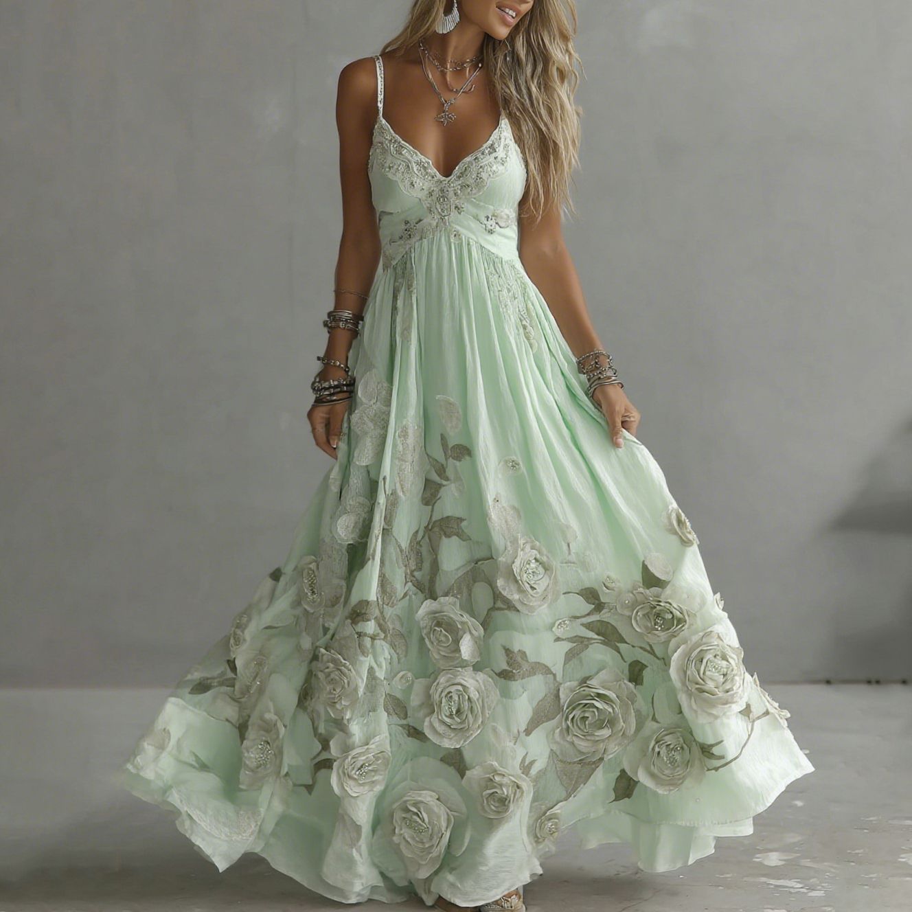 Adeluna - Maxi Dress With Vintage Rose And Embroidery