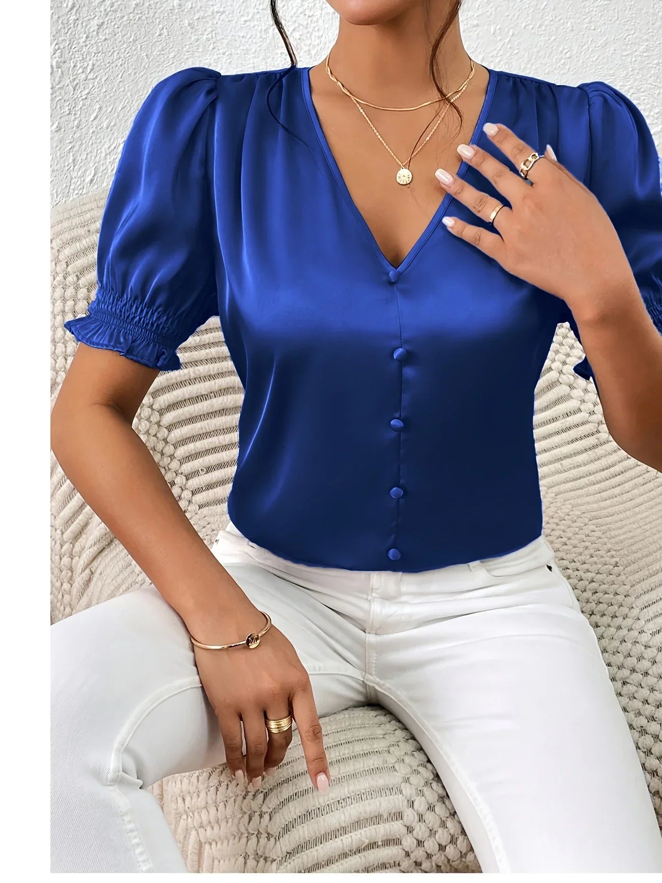 Abella - Elegant V-neck And Puff Sleeve Blouse