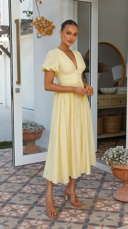 Sneja - Elegant Puff Sleeve Button Dress