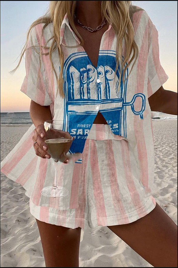 Silava - Short Linen Suit With Sardine Print