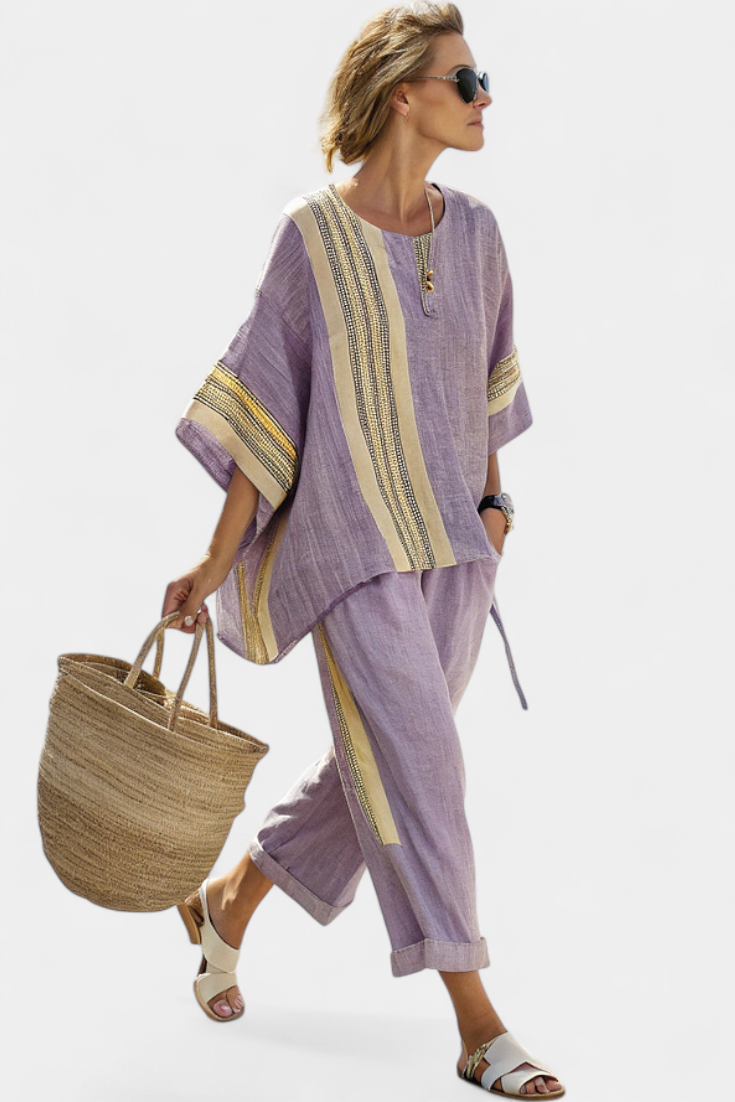 Anila - Elegant Linen Two Piece Set With Striped Design