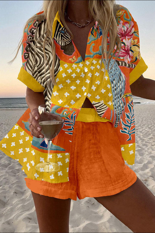 Norellia - Short Linen Suit With Polka Dot Print