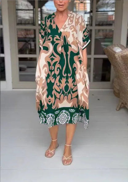 Rilana - V-Neck And Loose Printed Midi Dress
