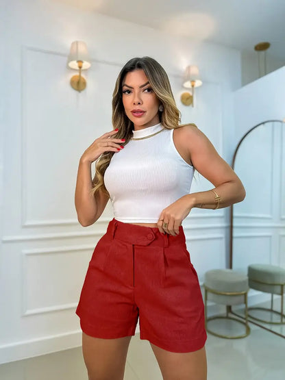 Annora - Casual High Waist Shorts With Button