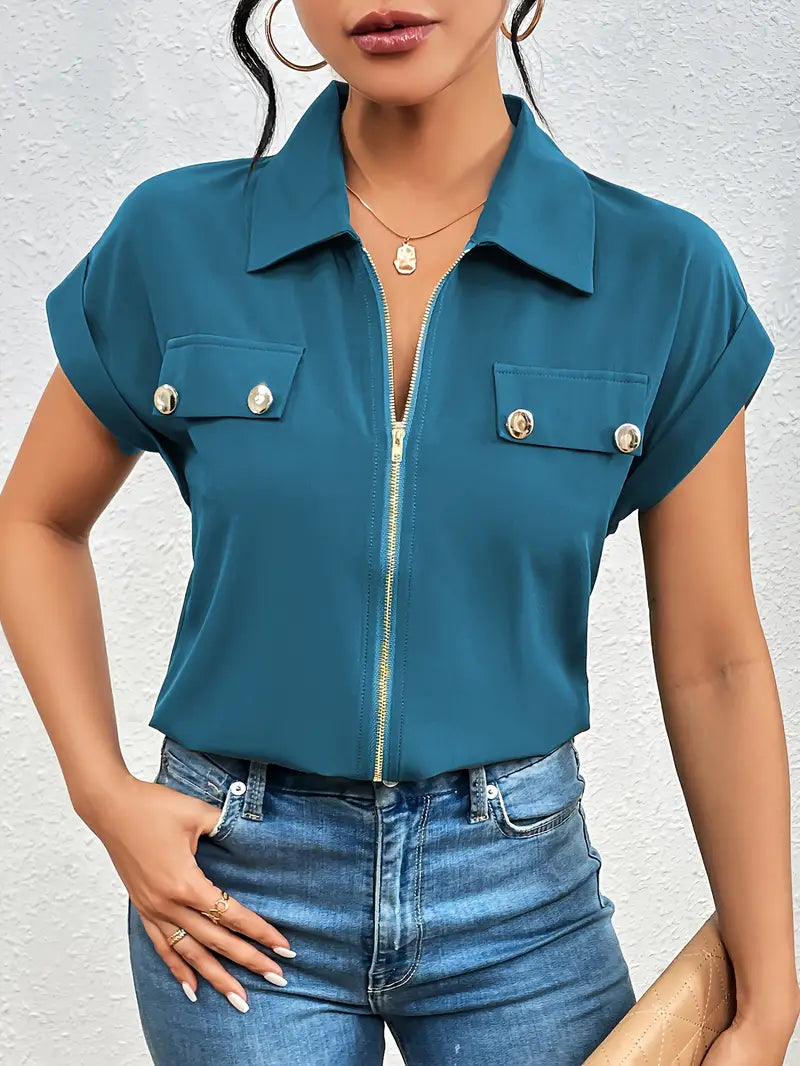 Alfano - Elegant Short Sleeve Blouse With Zipper