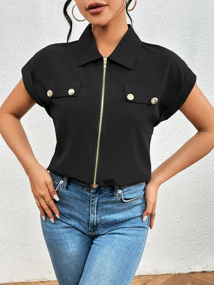 Alfano - Elegant Short Sleeve Blouse With Zipper