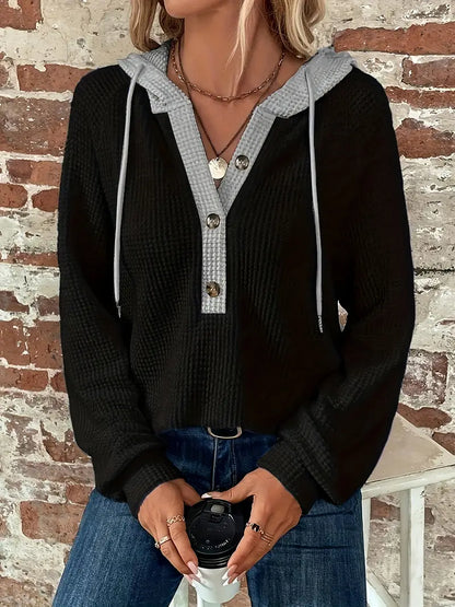 Snezhana - Long Sleeve Button Front Drawstring Hoodie