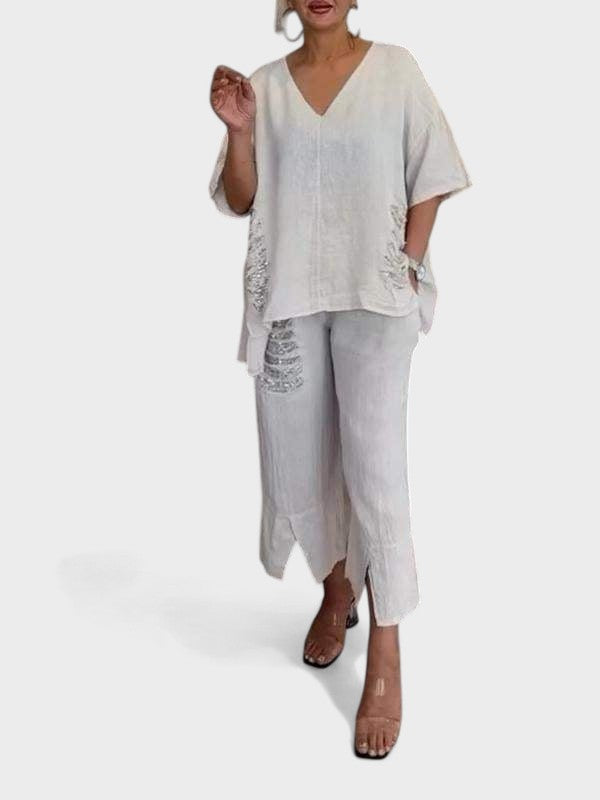 Raisa - V-Neck Two Piece Set For Summer