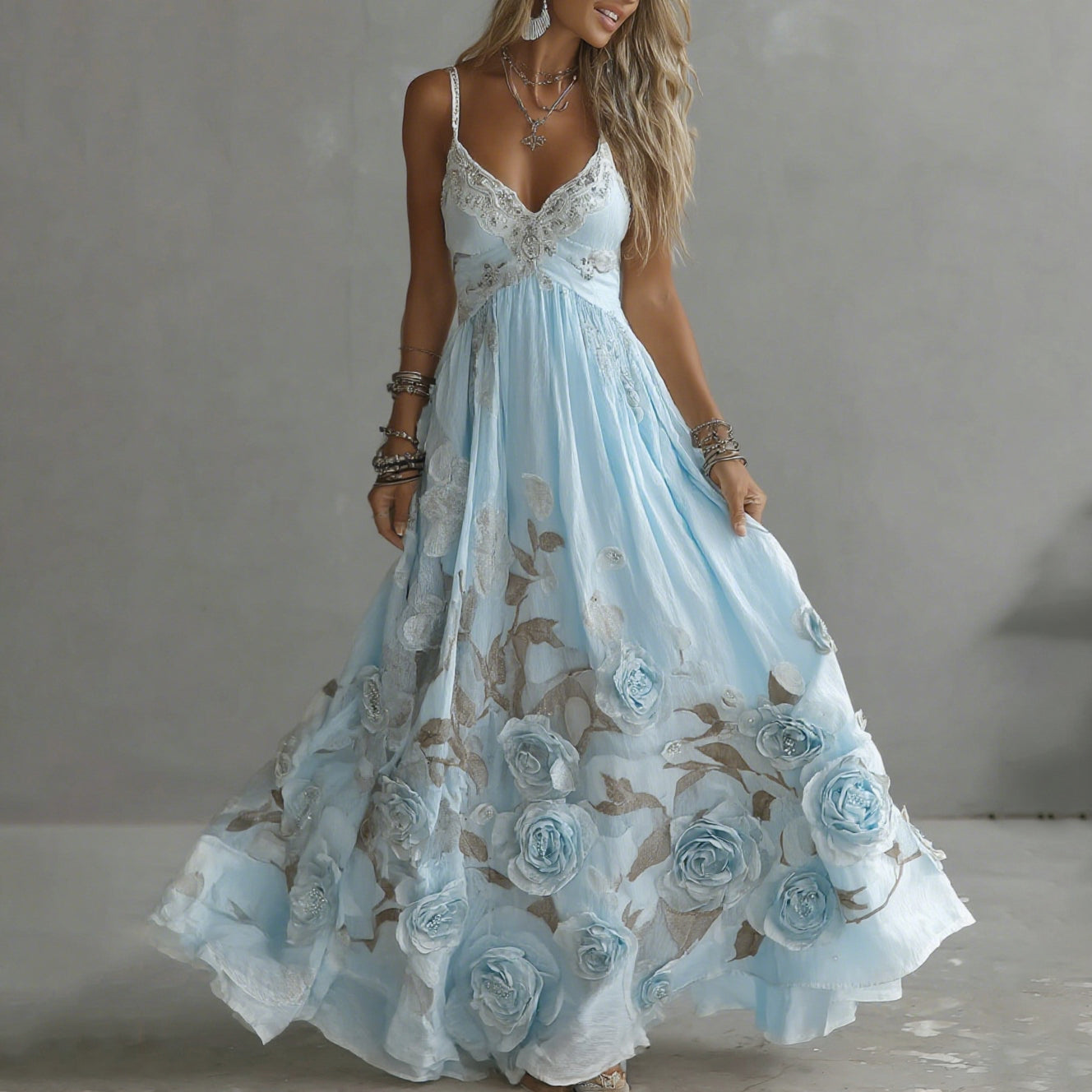 Adeluna - Maxi Dress With Vintage Rose And Embroidery