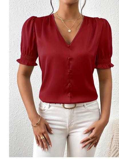 Abella - Elegant V-neck And Puff Sleeve Blouse