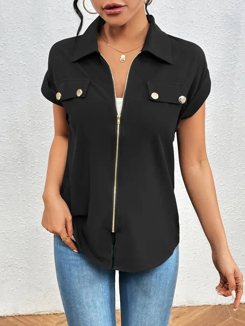 Alfano - Elegant Short Sleeve Blouse With Zipper