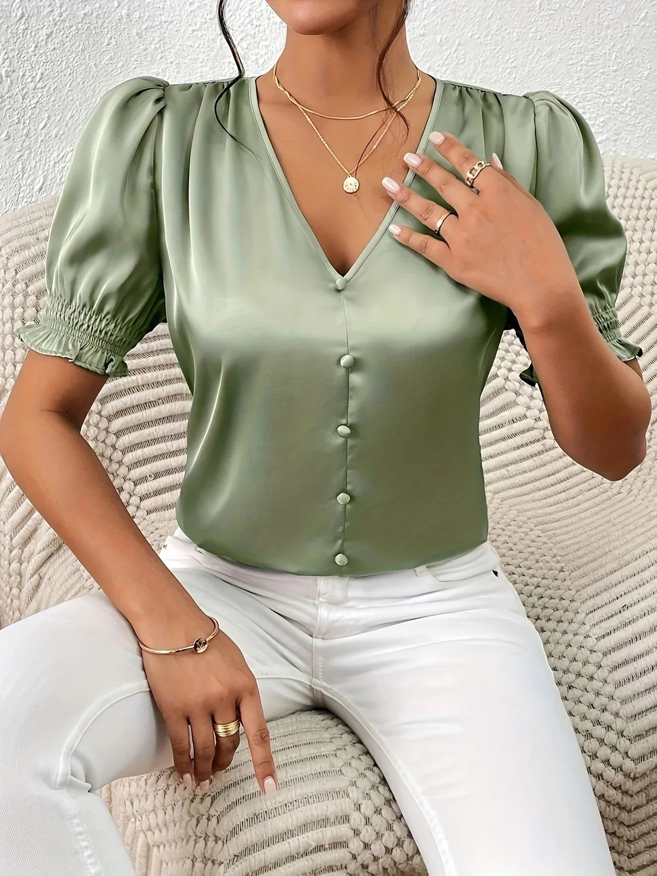 Abella - Elegant V-neck And Puff Sleeve Blouse