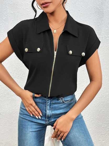 Alfano - Elegant Short Sleeve Blouse With Zipper