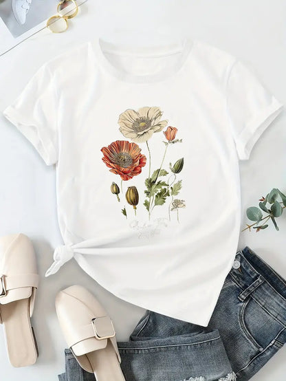 Aimilia - Elegant Short Sleeve T-Shirt With Floral Print
