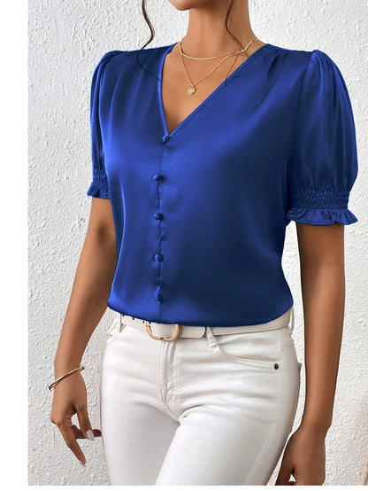 Abella - Elegant V-neck And Puff Sleeve Blouse