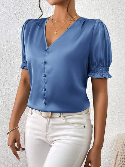 Abella - Elegant V-neck And Puff Sleeve Blouse