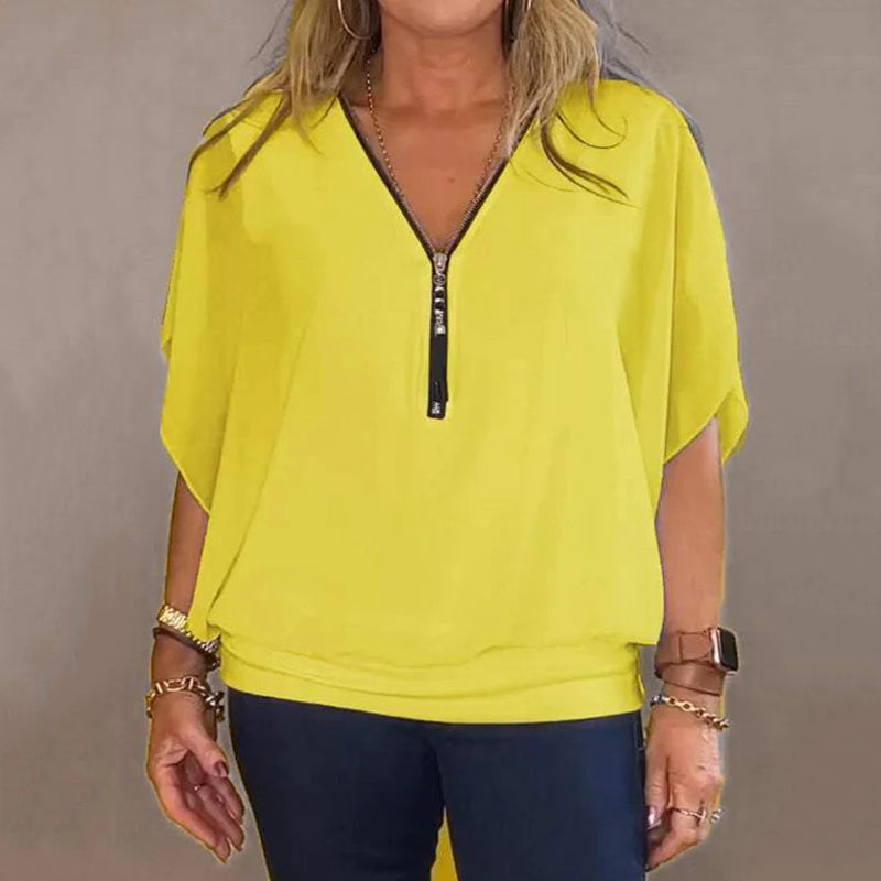 Shauna - Chiffon Casual Top With Zipper At The Neckline