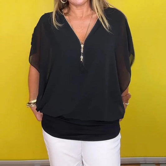Shauna - Chiffon Casual Top With Zipper At The Neckline