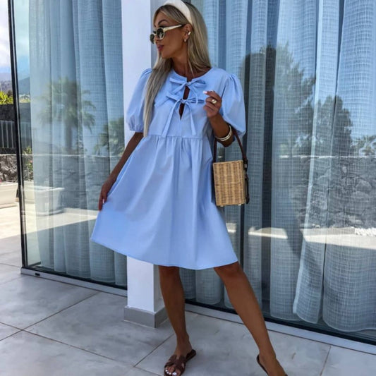 Oana - Stylish Dress With Bow Tie And Puff Sleeves