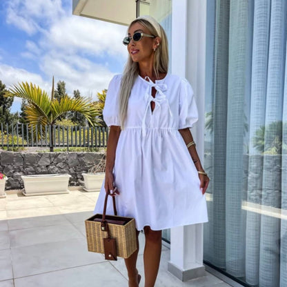 Oana - Stylish Dress With Bow Tie And Puff Sleeves