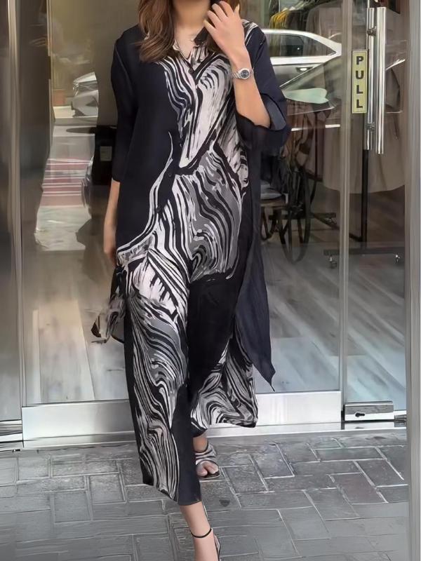 Quenira - Flowing Shirt Dress 2 Piece Set