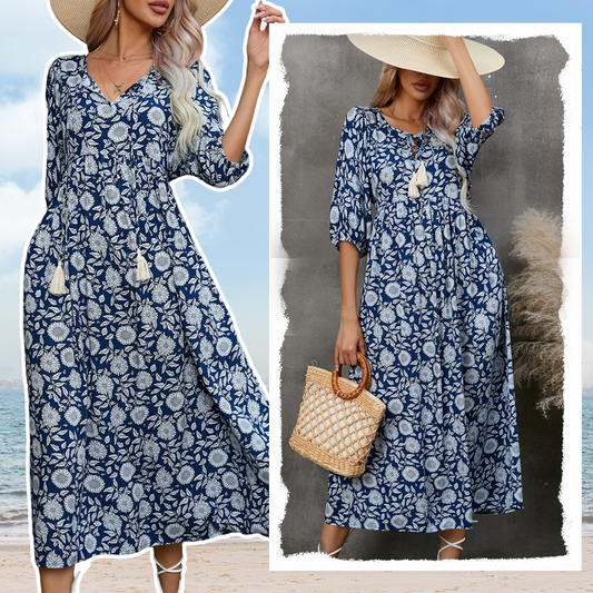 Quelina - Elegant V-Neck Floral Print Long Dress