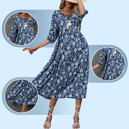 Quelina - Elegant V-Neck Floral Print Long Dress