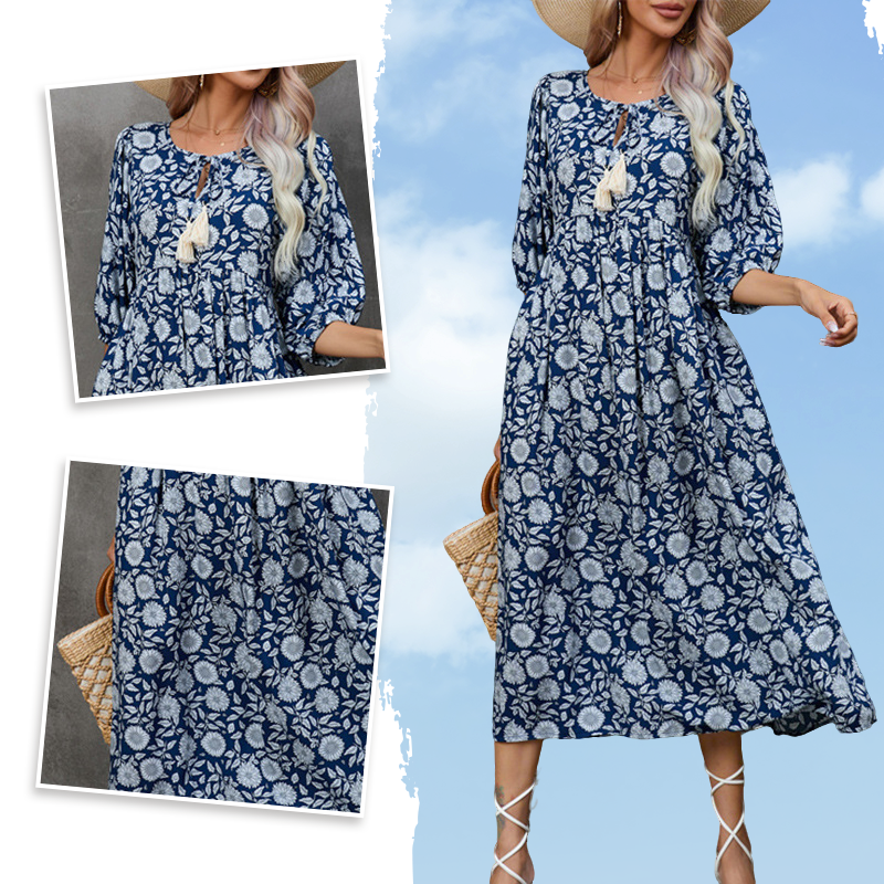 Quelina - Elegant V-Neck Floral Print Long Dress