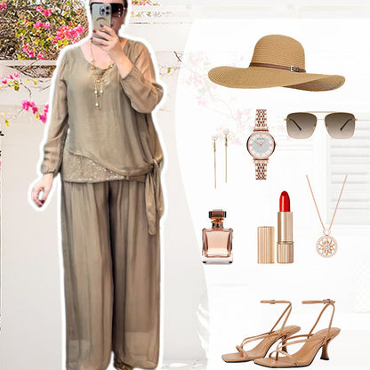 Quirinia - Sequin blouse and wide-leg pants set