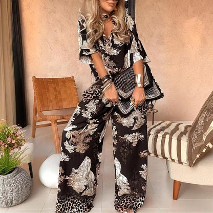 Printed Top with V-Neck + Long Pants